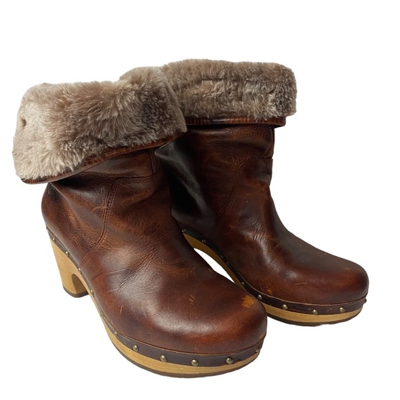 Ugg women’s brown leather clog, Lynnea Shearling ankle pull on boots size 7 - Picture 5 of 12